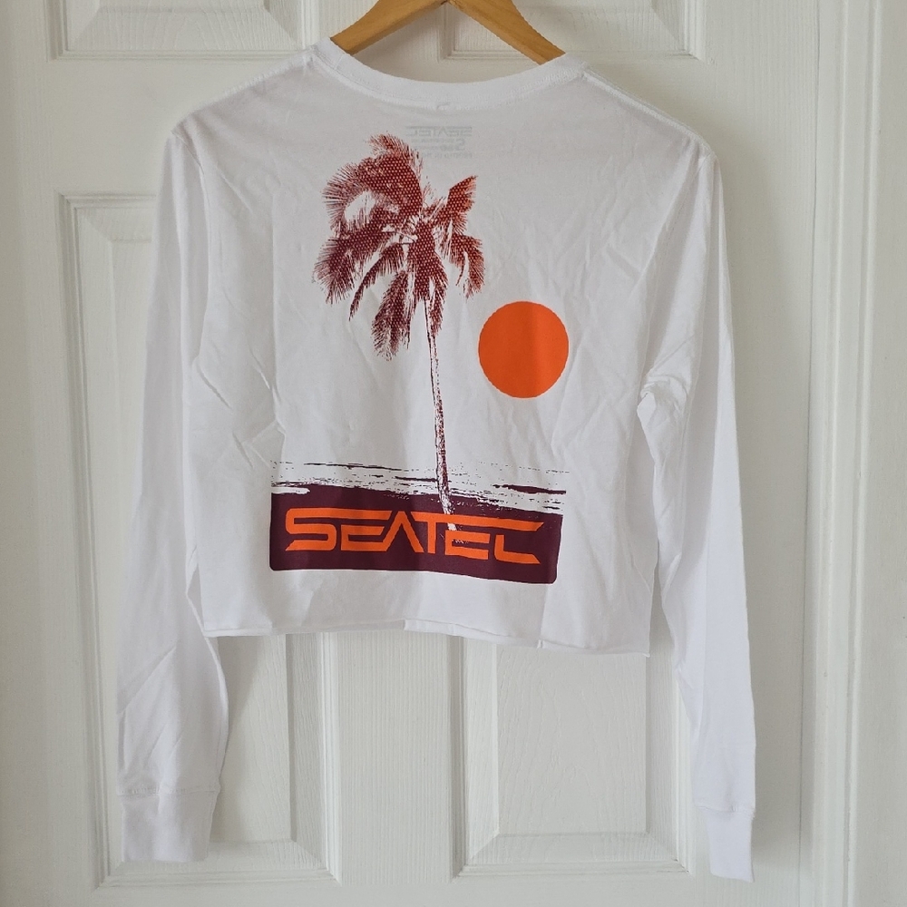 White Long Sleeve Crop Top Tee with Palm Tree and Sun Graphic Seatec New